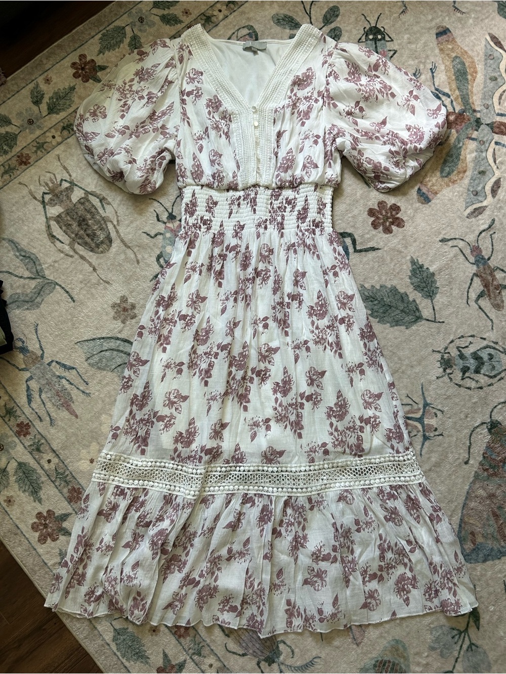 J Gee White Floral Midi Dress with Puff Sleeves